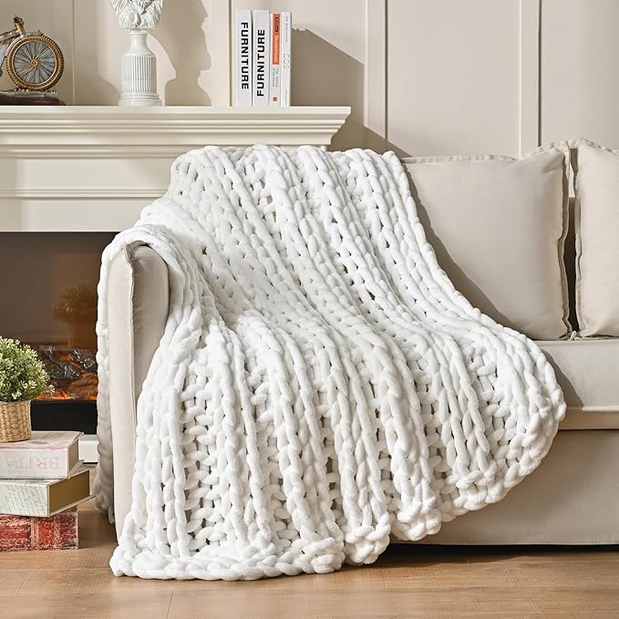 Esterra Chunky Knit Blanket Throw, 100% Handmade Chenille Throw Blanket 60"x80", Soft Thick Yarn Cable Knit Crochet Throw Blanket Rope Knot Throw for Couch Bed Sofa, Bright White