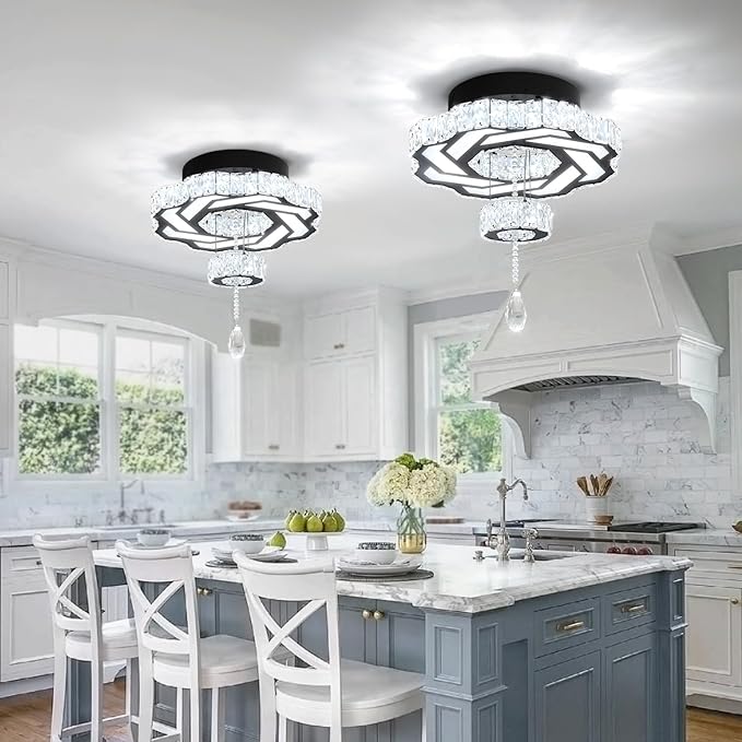 Flashing God 16 Inch Mini Chandelier Modern Crystal Chandeliers Light Semi Flush Mount Ceiling Light Fixture Small Black Chandelier for Bedroom Hallway Kitchen Foyer