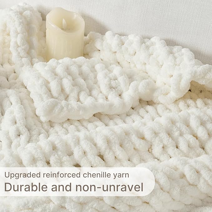 Chunky Knit Blanket Throw, 100% Hand Knit Throw Blanket Handmade Chenille Cable Knit Throw for Couch, Stylish Cozy Soft Rope Knot Crochet Blanket for Home Decor, Ivory, 60x80 Inches