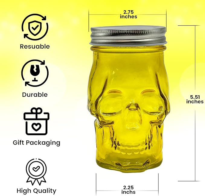 Generic 14 oz Colorful Skull Glass Mason Jar – Mix & Match 7 Vibrant Colors, Large & Durable! (Yellow)
