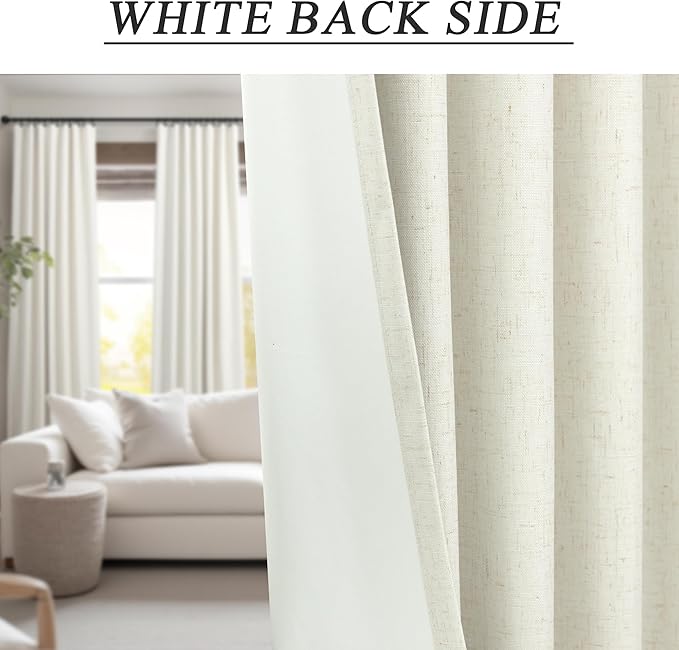 Cream Linen Blackout Curtains 84 Inch Long 2 Panel Set Back Tab Thermal Insulated Light Blocking Curtain for Living Room Black Out Drapes for Bedroom Neutral Rustic Farmhouse 52x84 Length Ivory White