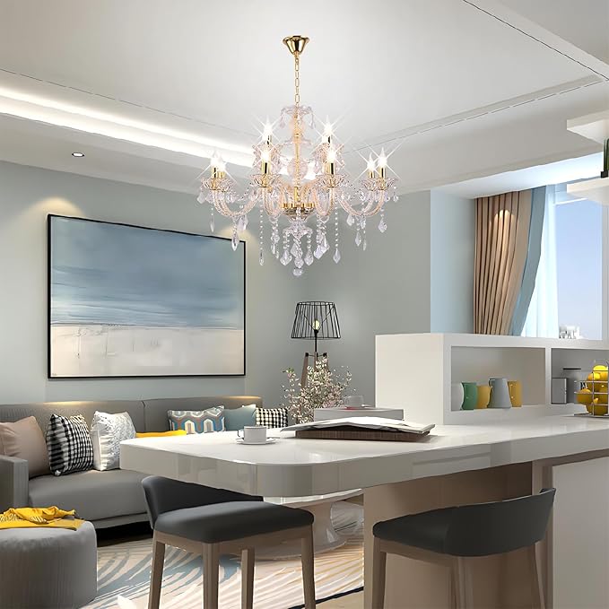 Contemporary Crystal Chandelier 12 Lights Clear Crystal Ceiling Lights for Living Room，E12 Base Double Layered Pendant Light Fixture for Dining Room Staircase, Hallway