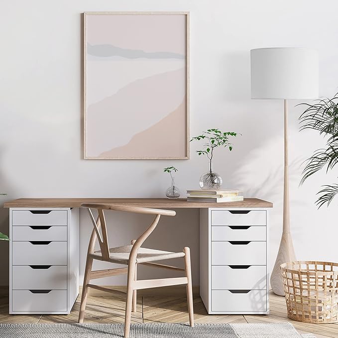 GLOBE Electric 52112 65" Floor Lamp, Faux Wood Finish, White Cotton Shade, Japandi Style, E26 Base, Modern Bedroom and Living Room Lighting