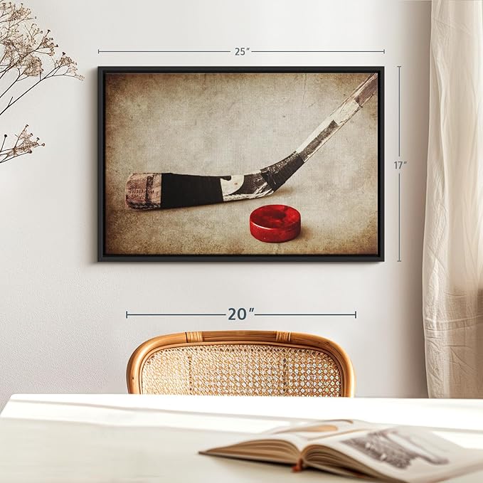 Elephant Stock Vintage Ice Hockey Wall Art - Horizontal Framed Canvas - 1-Piece Hallway Wall Decor - Photography Sports Canvas Print - Brown and Beige Decor for Wall - 25" X 17"