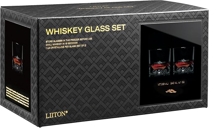 Denali Mountain Heavy Crystal Whiskey Glasses Gift Set of 2, Thick Freezable Bourbon Glass 1lb Each, Premium Whiskey Gifts for Men, Frozen Crystal Chills Cocktails, 10 oz