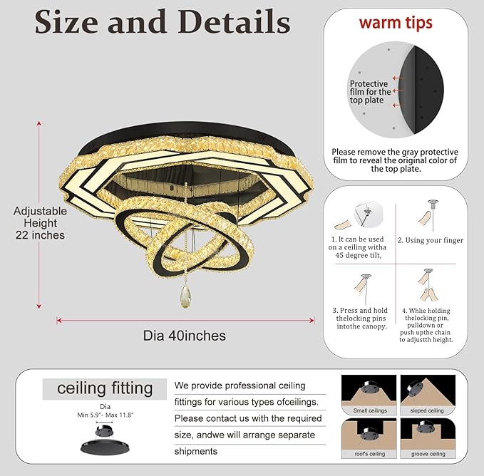 Flashing God Large Chandelier Dia 40" Black Crystal Chandelier Flush Mount Ceiling Light for Bedroom Living Room Dining Room Hallway Dimmable 3 Rings LED Celing Lighting Fixtures