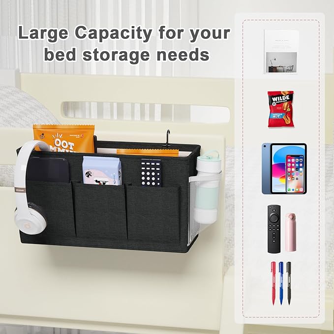 Dual-purpose Bedside Caddy Bedside Organizer, Bed Caddy with 6 Pockets, Versatile Bedside Storage Solution Magazine Remotes holder, ideal for Home, Dorm, Hospital, Crib Bed (Black 2 pcs)