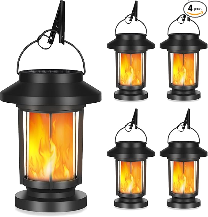 Derynome Solar Lantern Outdoor Lights, 4 Pack Upgraded Flickering Flameless Solar Lights Outdoor Waterproof, Hanging Decorative Lanterns for Yard Patio Path Garden Decor (4)