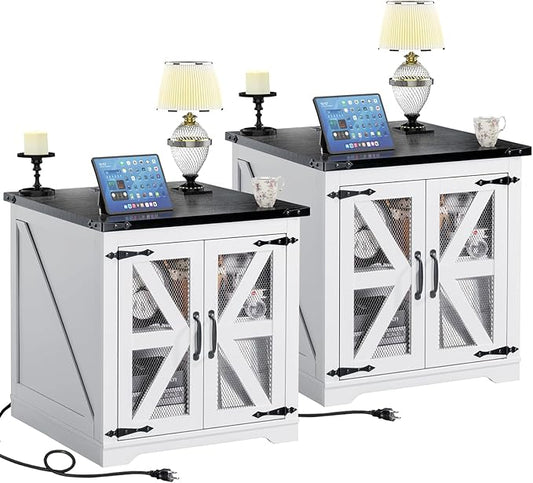 Farmhouse End Table Set of 2, 24" Large Sofa Side Table with Charging Station, Mesh Barn Door, White Nightstand with Adjustable Storage Shelf, Square Nightstand for Living Room, Bedroom