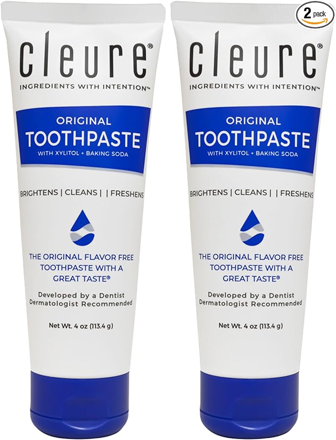 Cleure Original No Fluoride Toothpaste - SLS Free, Mint Free - with Xylitol for Fresh Breath & Helps Whiten - for Kids & Adults - Flavor Free (4oz Tube, Pack of 2)