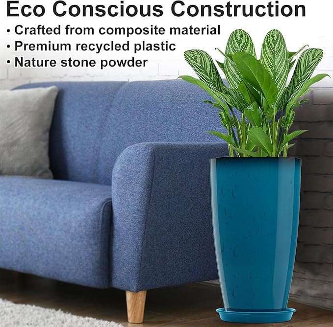 GameXcel Tall Flower Pot Indoor - Outdoor Plant Pot - Turquoise Glossy Planter - Elegant Stone Imitation - 12" Diameter 21" Tall with Drainage Holes and Saucer 2Pack