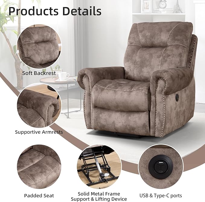 EBELLO Reclining Couch Sofa Furniture Set for Living Room,Vintage Rivet Mid-Century Design, Included 1 Seat Power Massage Recliner Chair, a Manual Loveseat, and a 3 Seater Manual Sofa, Brown
