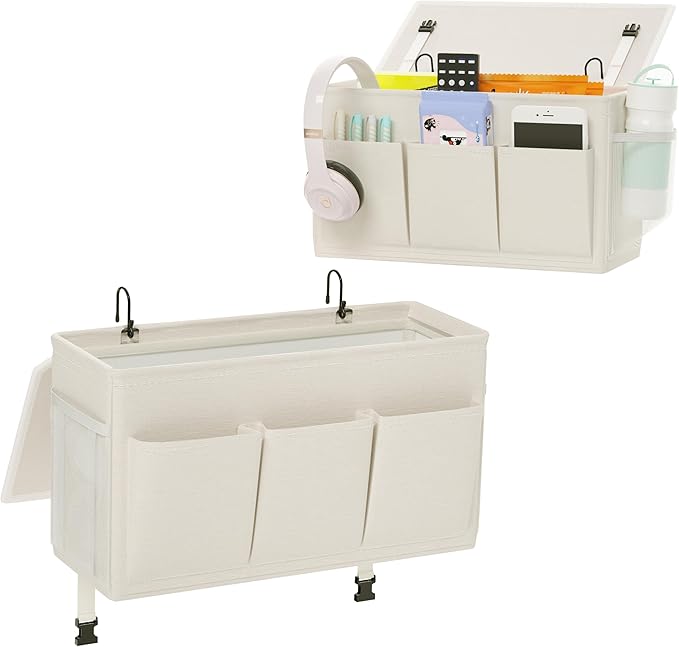 Dual-purpose Bedside Caddy Bedside Organizer, Bed Caddy with 6 Pockets, Versatile Bedside Storage Solution Magazine Remotes holder, ideal for Home, Dorm, Hospital, Crib Bed (White 2pcs)