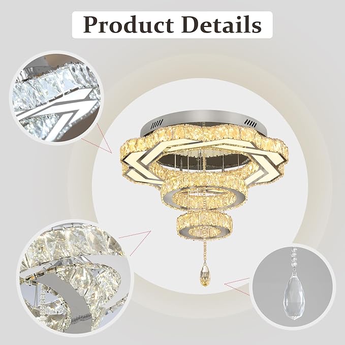 Flashing God Modern Crystal Chandeliers Dia 24" Silver Chandelier Flush Mount Ceiling Light for Bedroom Living Room Dining Room Hallway Dimmable 3 Rings LED Celing Lighting Fixtures