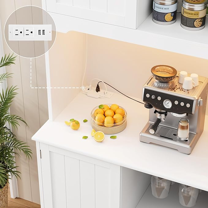 FINETONES 71" Pantry Cabinet with 7-Color LED Light and Charging Station, Kitchen Pantry Cabinet with Microwave Stand, Kitchen Hutch Food Storage Cabinet with Outlet and Wine Racks, White