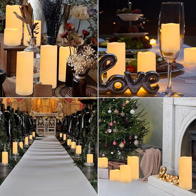 Flameless Battery Operated Outdoor Waterproof Set of 12(D: 3" x H: 3" 4" 5" 6") Pillar LED Candles with 10-Key Remote and Cycling 24 Hours Timer
