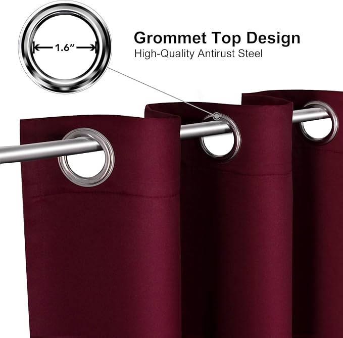 ChrisDowa Grommet Blackout Curtains for Bedroom and Living Room - 2 Panels Set Thermal Insulated Room Darkening Curtains (Burgundy Red, 52W x 63L)