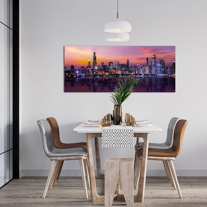 Fochorlo Large Chicago Canvas Modern City Skyline Wall Art Downtown Night Picture Prints Ready To Hang 20"X48"
