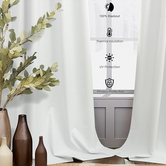 Farmhouse Linen Blackout Curtains for Living Room 96 Inches Long 2 Panel Back Tab Pleated Sun Heat Light Blocking Thermal Viral Cute Bedroom Drapes for Patio Sliding Doors Floor Length Off White Ivory