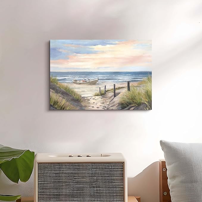 cozy country Ocean Wall Art 16"x11" - Coastal Pictures Beach Canvas Decor - Seashore Artwork Seascape Painting for Bathroom, Bedroom, Sea House