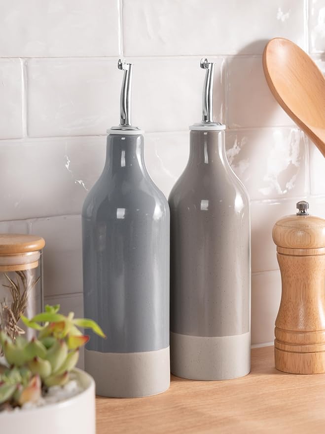 famiware Milkyway 16oz Ceramic Olive Oil Dispenser Bottle, Olive Oil and Vinegar Dispenser Bottle Set of 2 with Stainless Steel Pourers, Suitable for Storage Liquids, Dark Gray and Cinnamon Brown