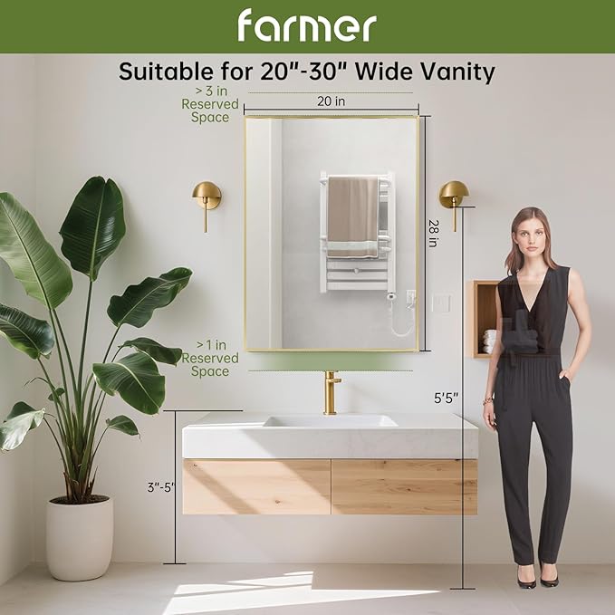 FARMER 20x28 Inch Gold Bathroom Mirror, Rectangle Wall Mounted Mirror, Vanity Mirror, Brushed Square Mirror, Framed Bathroom Mirror for Bedrooms, Entryways, Living Rooms, Horizontal/Vertical