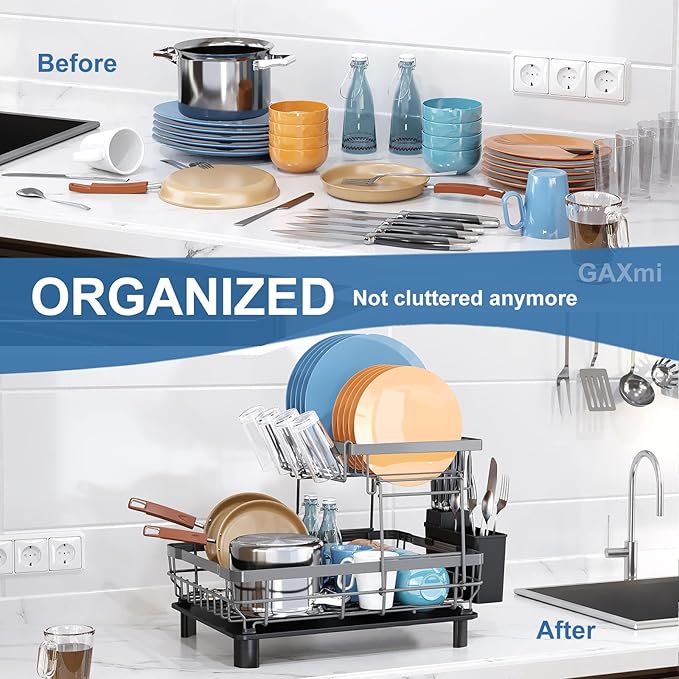 GAXmi Dish Drying Rack Over The Sink Dish Drainer with Drainboard Utensil Holder Cup Holder, 2-Tier Grey