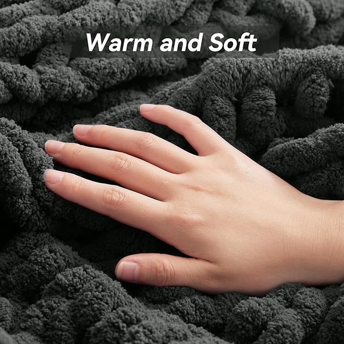 Chunky Knit Throw Blanket, 50''*60'' Knitted Throw Chenille Yarn for Bed Couch, Handmade Dark Grey Crochet Big Thick Blanket, Machine Washable Cute Comfy Blanket for Home Decor