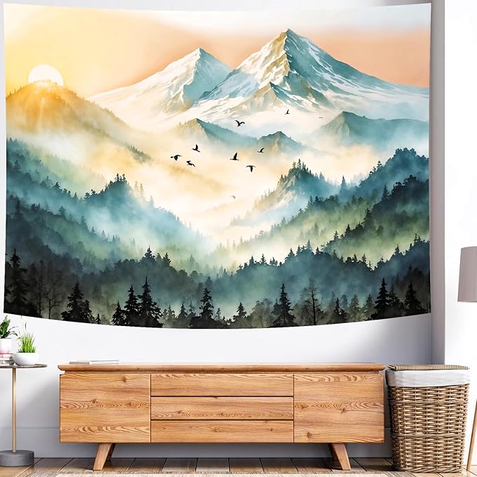Delur Mountain Tapestry Boho Misty Sunset Forest Tree Tapestry Wall Hanging Sunrise Nature Landscape Psychedelic Headboard for Bedroom Living Room Home Decor (59.1" x 78.7")