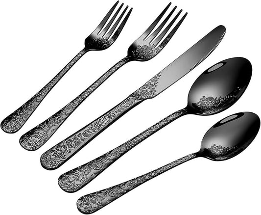 Floral 20 Pcs Black Silverware Set for 4, Food Grade Stainless Steel Flatware Set with Rose Flower Embossed Design, Eating Utensils Sets Include Fork/Knife/Spoon, Reusable Cutlery Set, Dishwasher Safe