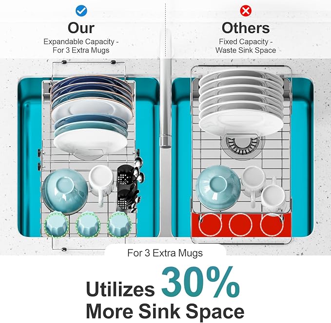 GSlife in Sink Dish Drying Rack - Stainless Steel Capacity Expandable Over The Sink Dish Drainer with Lock Knob and Utensil Holder for Kitchen Sink, 10.8"-17.9" L x 12.8" W, Silver