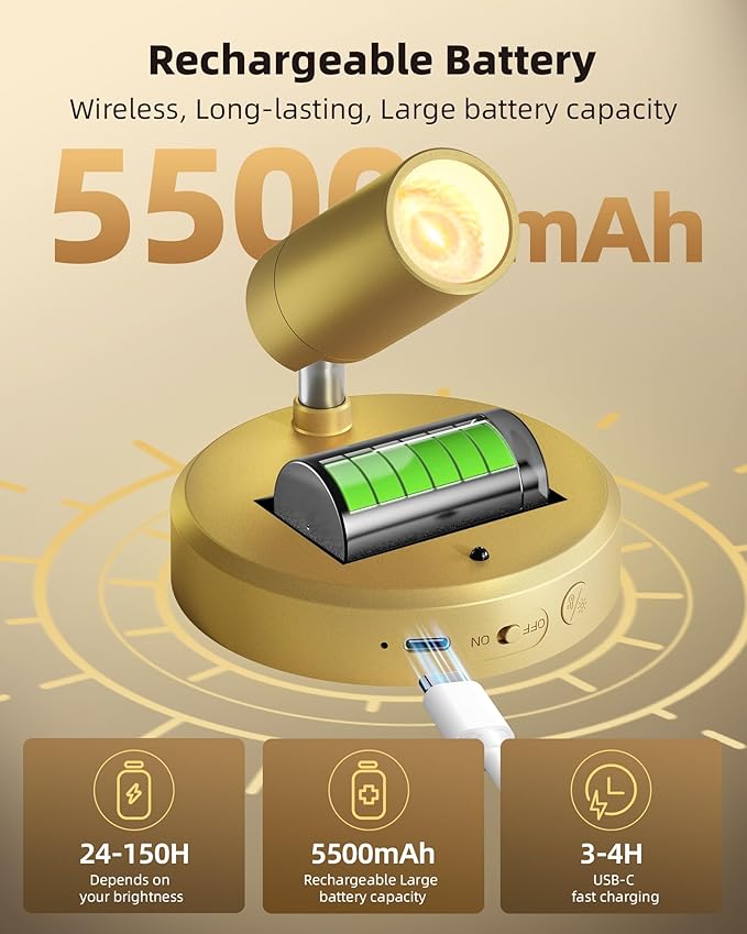 EZVALO LED Spotlight Indoor, 5500mAh Rechargeable Battery Picture Lights, Wireless Mini Art Accent Spot Lights with Remote, Uplighting Indoor for Plants Display Painting Artwork Portrait (1Pack-Gold)