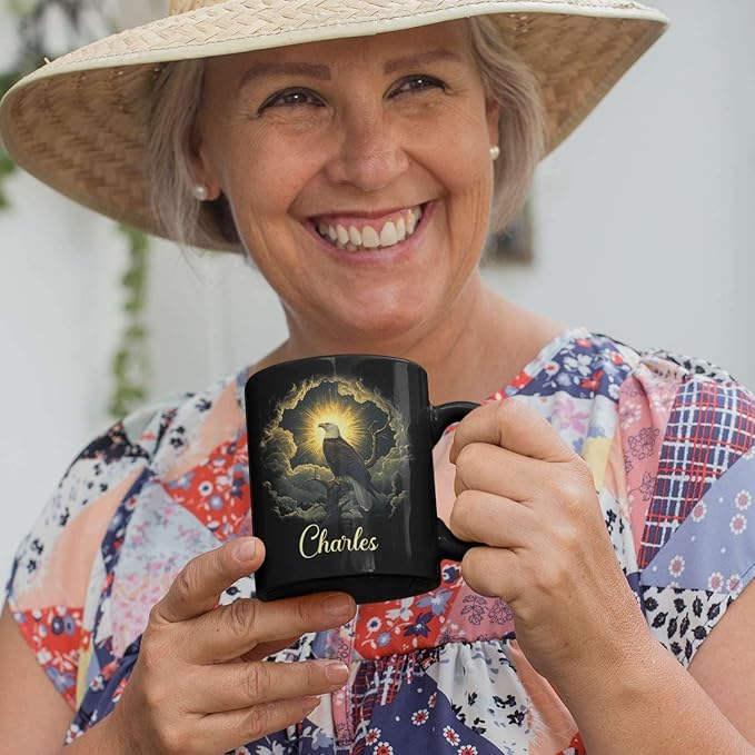 Custom Name Coffee Mug 11oz or 15oz, Unique Wildlife Art Black Cup, Personalized Eagle Ceramic Mug for Animal Lovers, Inspirational Coffee Cup with Nature Scene, Gifts for Friends