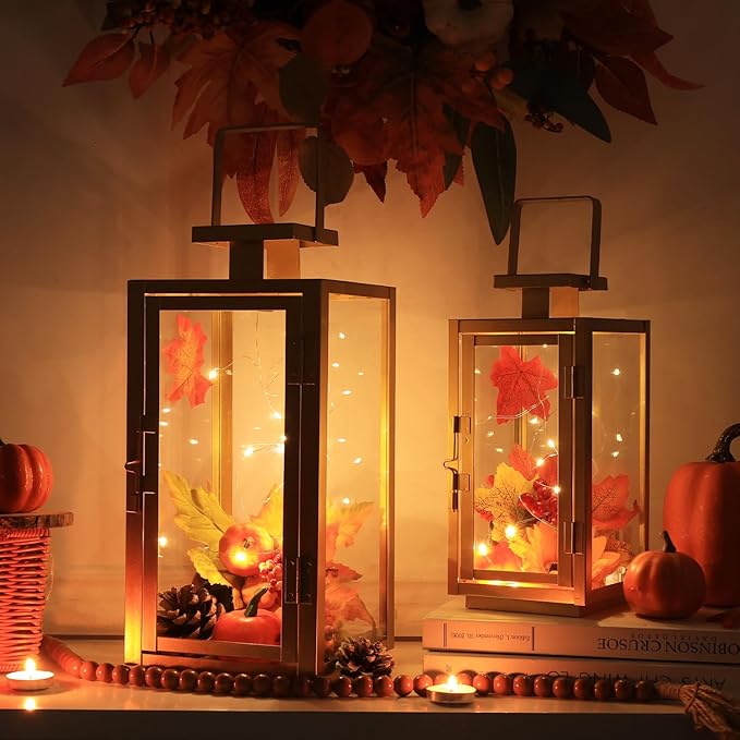 DECORKEY Fall Christmas Golden Decorations for Home, 17''&13'' Metal Candle Lanterns Decorative Outdoor&Indoor, Modern Hanging/Tabletop Candle Holders for Porch Patio Wedding Decor