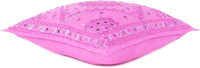 Eyes of India Embroidered Decorative Boho Throw Pillow Cover with Mirrors, Handmade Bohemian Accent Cushion Case for Sofa Couch Bedroom Living Room (Pink, 24" x 24")