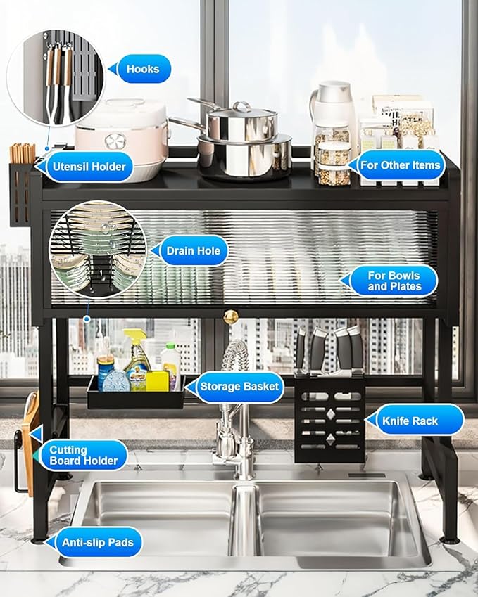 Dish Drying Rack, 3-Tier Over Sink Dish Drying Rack, 33.5" Over Sink Dish Rack for Small Kitchen, Space-Saving Dish Rack with Cover, Baskets, Utensil, Large Sink Storage Organizer Black