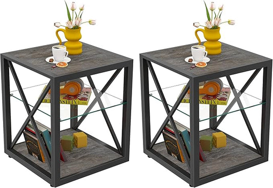 Farmhouse End Table Set of 2, Modern Side Table with 3-Tier Storage Shelf, Square Rustic Nightstand, Accent Tea Table, for Bedroom Office Living Room, Grey, Natural Wood, Glass, Metal