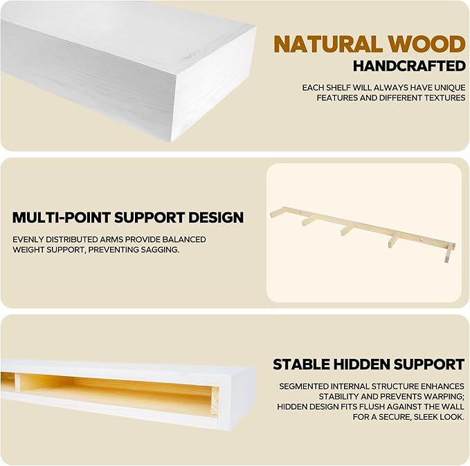 Floating Shelves 3 inch Thick for Wall Set of 2,Solid Pine Wood Wall Mount Shelf for Kitchen Living Room Bedroom Bathroom,8" D x 60" L x 3" H-White