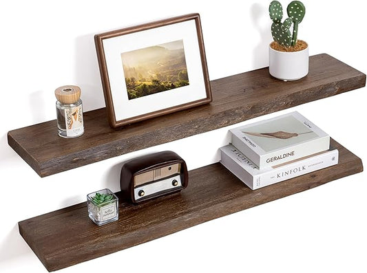 Floating Shelves for Wall Decor, Rustic Solid Elm Wood Live Edge Floating Shelves Wall Mounted, Wall Shelves with Invisible Bracket for Living Room Bathroom Bedroom Kitchen, 36 Inch Set of 2, Walnut