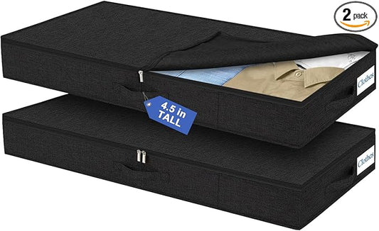 Cirhy Under Bed Storage Containers, 4.5 Inch Tall Low Profile Under Bed Storage with Sturdy Sidewalls & Bottom, UnderBed Storage for Clothes,Shoes, Pillow, Blankets Organizer, 2 Pack Black