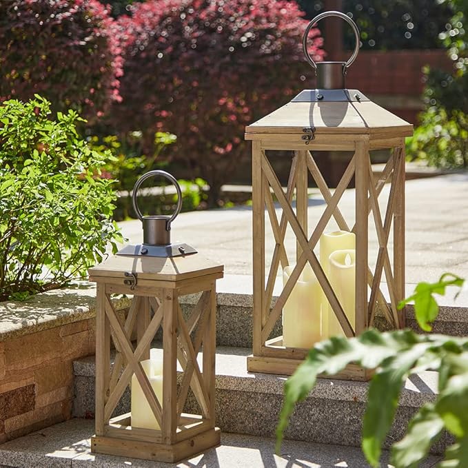 Glitzhome Mondern Farmhouse Wood Metal Lanterns Decorative Hanging Candle Lanterns Set of 2, Natural (No Glass)