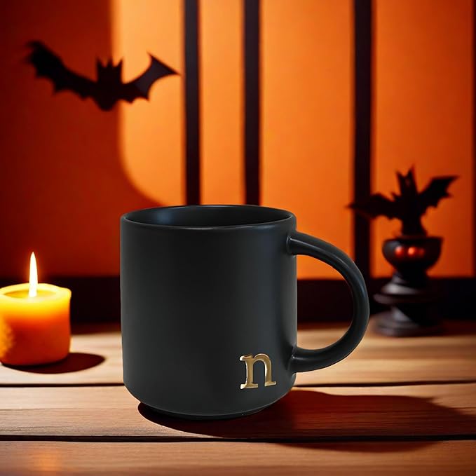COLLECTIVE HOME - Black Monogram Ceramic Mugs, 15 oz Golden Initial Coffee Cups, Elegant Alphabet Tea Mugs, Personalized Halloween Mug with Gift Box, Perfect for Office and Home Décor (n)