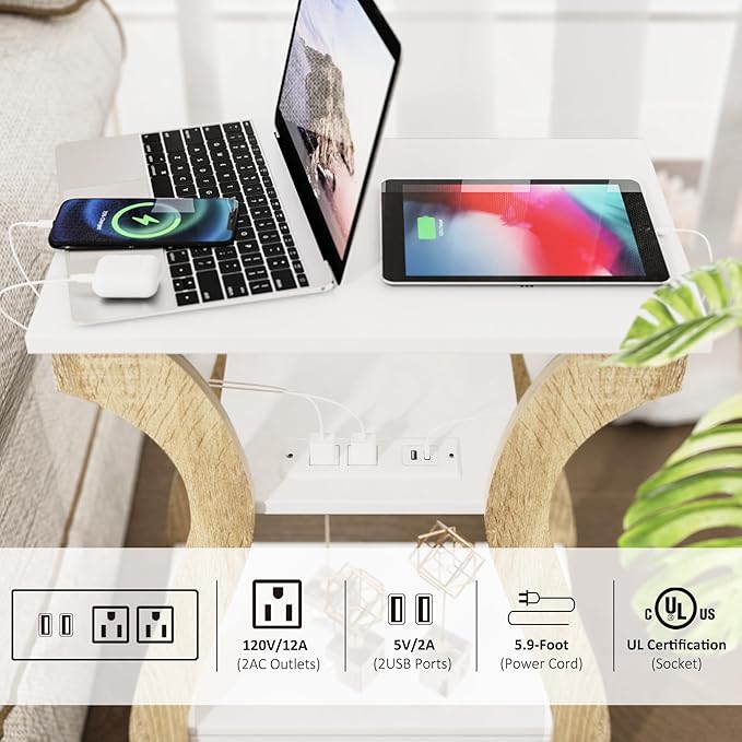 End Table with Charging Station, Side Table with USB Ports and Outlets, Nightstand, 3 Tier End Table with Storage Shelf for Living Room, Bedroom (White)