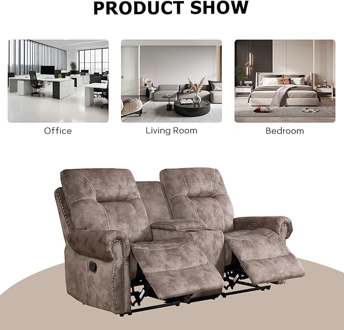 EBELLO 2 Pieces Reclining Couch Furniture Set for Living Room, 1 Seat Power Recliner Chair and a Manual Loveseat with Center Console, Hidden Storage and Cup Holders, Brown