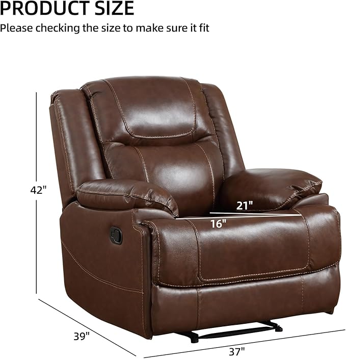 EBELLO Genuine Leather Manual Recliner Chair, Reclining Sofa Chair Couch for Living Room, Bedroom Furniture, Meeting Room, Brown