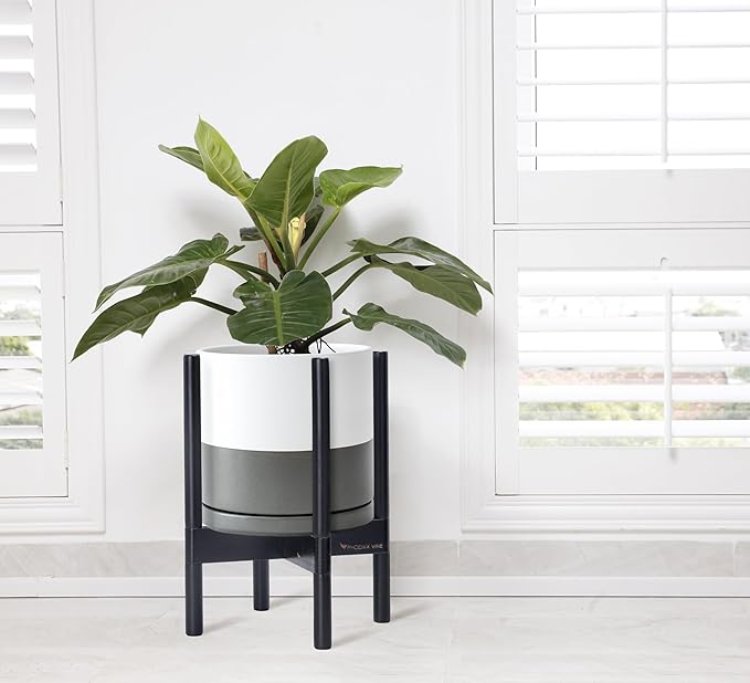 D'vine Dev Ceramic Planter with Ebony Stand - 10 Inch Modern Round Flower Pot with Wood Planter Holder, White/Grey, 55-B-L-6