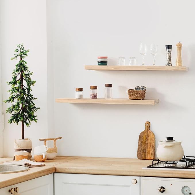 Fun Memories 36 Inch Floating Shelves for Wall, Deep Rustic Solid Pine Wood Wall Shelves for Storage - Farmhouse Wall Mounted with Heavy-Duty Metal Bracket, 36" W x 8" D, Set of 2,Unfinished