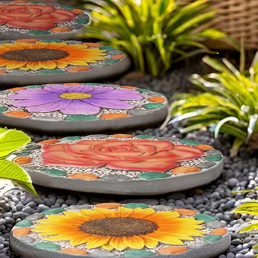 Decorative Sunflower Garden Stepping Stone - Colorful Pebble Border, Garden Stepping Stones Outdoor Yard Decor 10x10x0.75 Inches