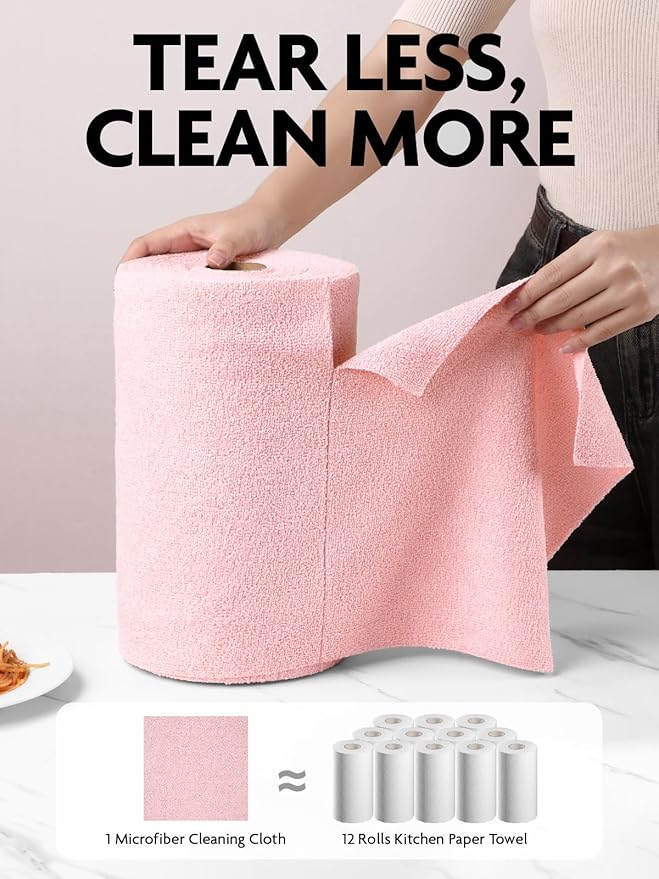 Fantasticlean Microfiber Cleaning Cloth Roll -150 Sheets, Tear Away Microfiber Towels, 12" x 12", Reusable Washable, Ultra Absorbent Dish Rags for Car, Home, Garage or Shop (Pink and Grey)