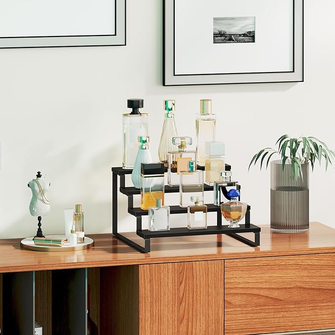 Giikin 4 Tier Spice Rack, Cabinet Organizer Shelf, Wooden Spice Rack for Countertop, Kitchen Counter Storage Shelves Cupcake Stand Holder Display Stand, Black